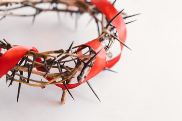 Jesus Crown Thorns and nails and cross on a white background. Crucifixion Of Jesus Christ. Passion Of Jesus Christ. Concept for faith, spirituality and religion. Easter Day