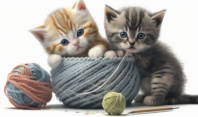  two kittens playing with a ball of yarn and knitting needles.  generative ai
