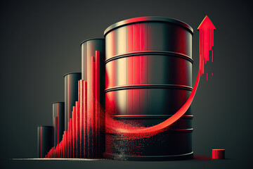Rising oil prices lead to inflation with a growth graphic and oil barrels, red and black background illustration