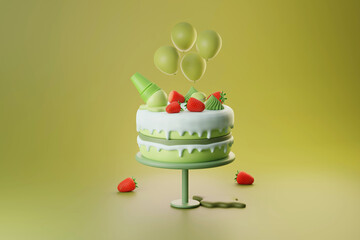 Green cake with white icing and strawberry topping with ice cream cone melting 3d illustration for advertisement and event celebration