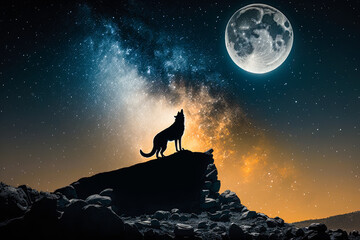 A lone wolf howling at the moon on a rocky hilltop under a starry sky - Generative AI