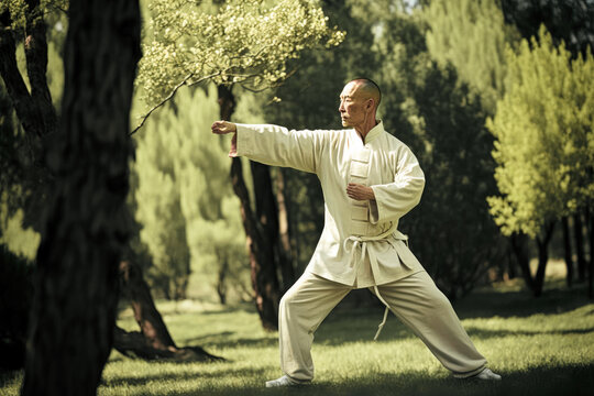 A person practicing tai chi in a park, surrounded by nature and tranquility - Generative AI