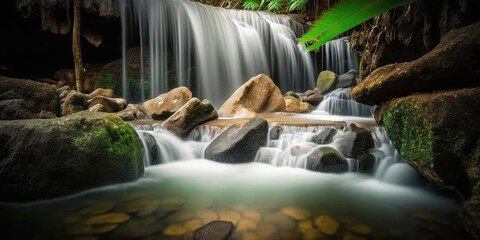 Jungle Waterfall; cascading water over rocks - Generative AI