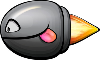 Vector cartoon gun bullet with fire bullet trail isolated on white background. Angry flying Bullet character with mouth, teeth, eyes and fangs. Hand drawn strike bullet