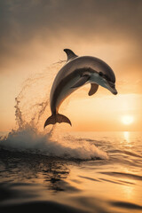 A wild dolphin jumping high at sunset with the horizon line in the background, AI generative