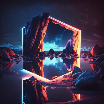 Neon Hexagon With Mountains And Water Reflection