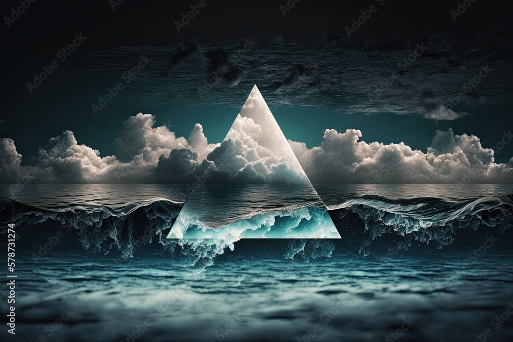 Poster white clouds float weightlessly inside the neon triangle, which is reflected in the sea in this abst