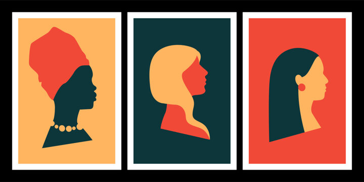 Abstract boho posters set. Minimal retro wall art with woman profile portrait. Simple shapes silhouettes. Naive ethnic female heads. Women allyship concept. Vector illustration.
