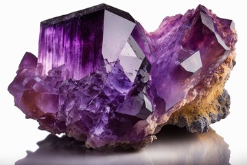 Fototapeta premium Shot of a macro close up of an amethyst mineral crystal against a white background. Generative AI