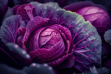 Fototapeta premium Closeup Of Pink Cabbages. Heads Of Red Cabbage Growing In Vegetable Garden. Generative AI