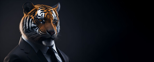 Fototapeta na wymiar Portrait of Humanoid Anthropomorphic Tiger Wearing Businessman Suit in Black Background for Copy Space Banner Generative AI