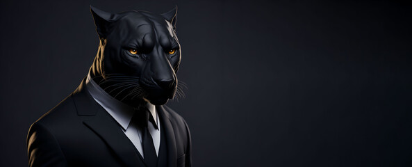 Fototapeta premium Portrait of Humanoid Anthropomorphic Black Panther Wearing Businessman Suit in Black Background for Copy Space Banner Generative AI