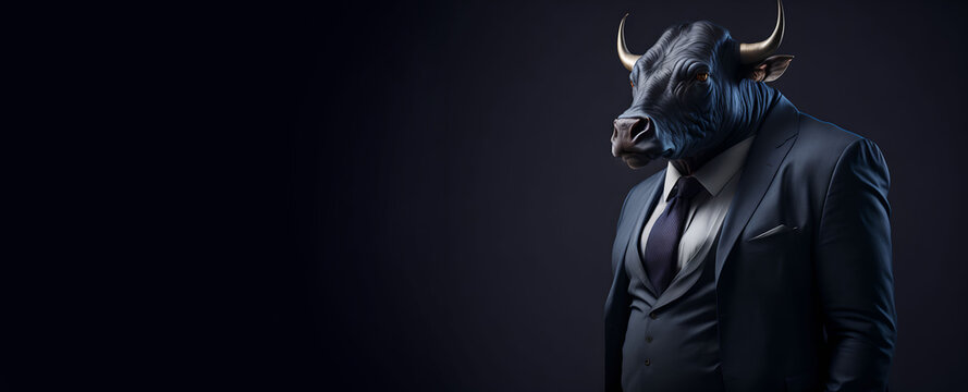 Portrait of Humanoid Anthropomorphic Black Bull Wearing Businessman Suit in Black Background for Copy Space Banner Generative AI