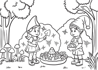 Two little gnomes planting flowers in the garden coloring book
