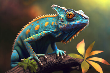 Obraz premium Charming Chameleon Perched on a Twig with a Bright Blue Sky in the Background, generative ai