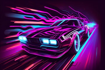 Obraz na płótnie Canvas Driving In The Night, Futuristic Synthwave Car In Purple Neon Colours, In Motion. Generative AI