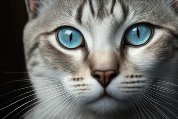 Gray tabby cat up close, showing off her blue eyes. Lifestyle and animal companionship. Beautiful white kitty on a muted grey background. Generative AI