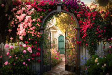 A secret garden hidden behind a trellis covered in vibrant pink roses - Generative AI - obrazy, fototapety, plakaty
