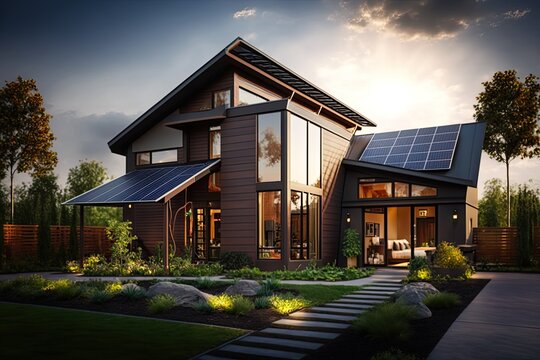 Gorgeous new home with a garden and rooftop solar panels. Generative AI