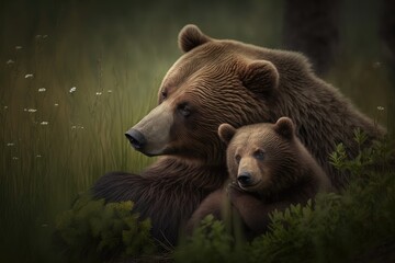 Obraz premium A mother bear and her cub resting in a grassy meadow. Generative AI