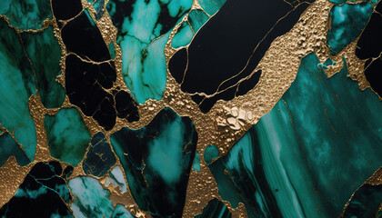 Teal gold marble abstrack background with gold vains and cracks