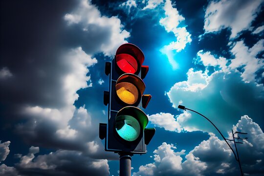 Traffic Lights View On A Blue Sky With Clouds. Generative AI