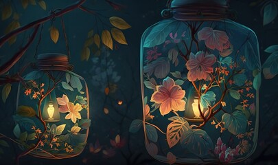  two glass jars with flowers and candles inside of them on a tree branch.  generative ai