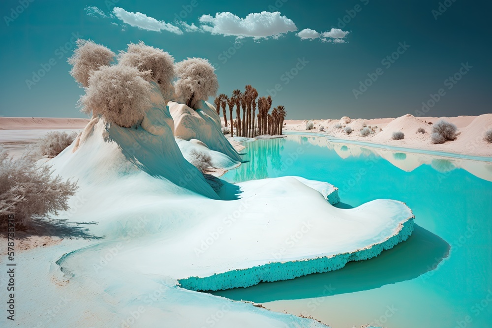 Sticker located in the siwa oasis in egypt is a salt lake with turquoise water and white salt on the coast t