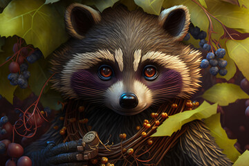 Determined Raccoon Resourceful Critter Reaching for Some Delicious Grapes on a Vine, generative ai