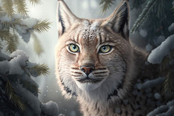 Elusive Lynx peeking out from behind a snow-covered tree in the boreal forest, generative ai