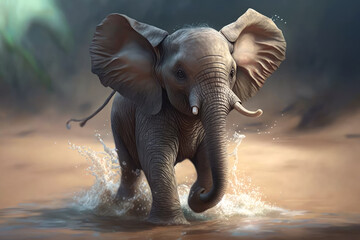 Energetic Elephant Calf with a Playful Skip and Wrinkly Trunk, generative ai