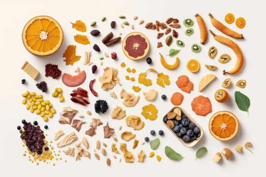 Observing stacks of various dried fruits and veggies from above. On a white background, fresh produce is scattered around. Generative AI