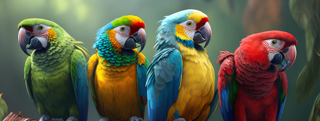 Feathered Friends Group of Colorful Parrots Sitting Together on a Tree Branch, generative ai