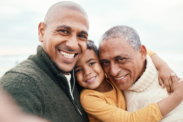 Selfie, beach or black family with a father, son and grandfather posing outdoor in nature for a...