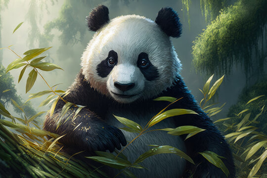 Fluffy black and white panda with a content expression munching on bamboo leaves in a lush Chinese bamboo forest, generative ai