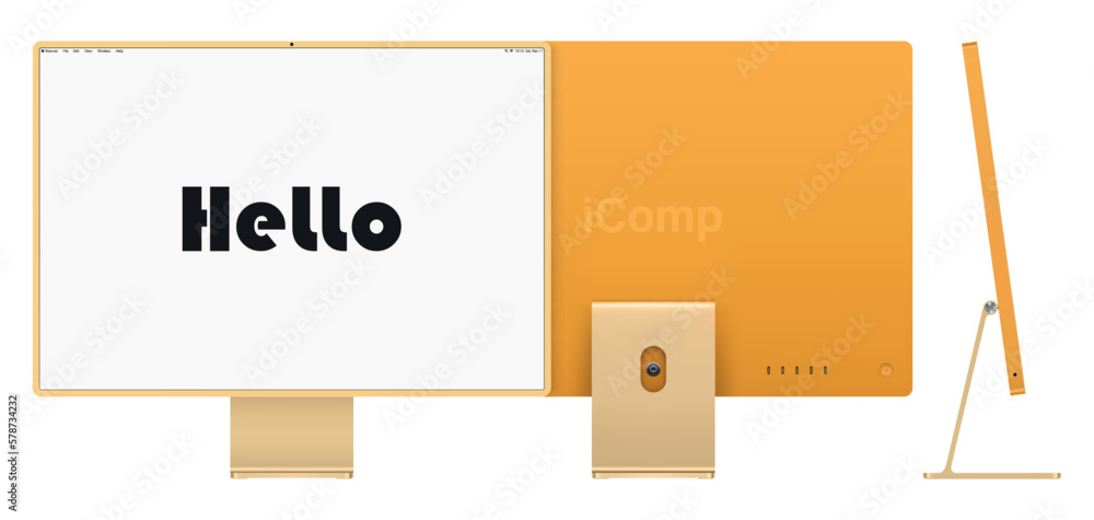 Poster computer display yellow color with blank screen front, back and side view isolated on white backgrou