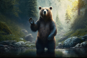 Friendly Black Bear waving hello while standing on hind legs in a lush forest, generative ai