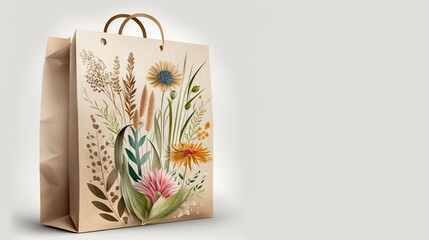 Eco-friendly shopping bag with vibrant floral artwork, suitable for green branding and eco-conscious consumer use.
