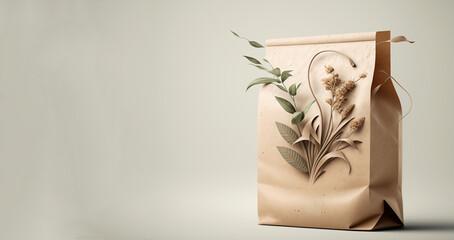 Biodegradable paper bag with botanical print, ideal for sustainable lifestyle branding and natural product packaging.