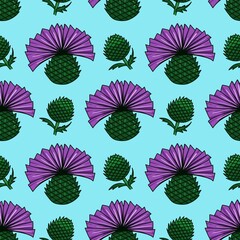 Flowers seamless pattern. Thistle flower, botanical background, hand drawn illustration