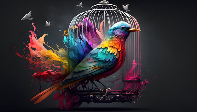 colorful rainbow bird in a cage wallpaper black background generative ai