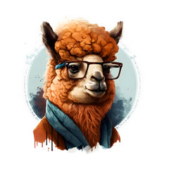 Adorable alpaca face wearing glasses. T shirts, posters, and cards with childish prints. Generative AI