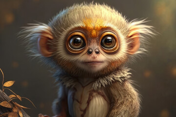 Obraz premium Inquisitive little monkey with large eyes and expressive face sitting on a branch, observing its surroundings with curiosity, generative ai