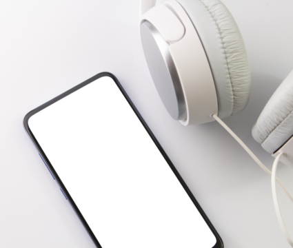 White headphones and smartphone music online concept, mockup, isolate on white