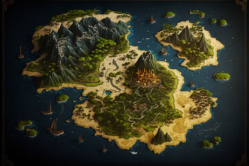 3D rendered fantasy map | magical world filled with lush forests, towering mountains, sprawling cities. vivid and bright colors, map invites you to explore the mysteries of this enchanting realm. Ai