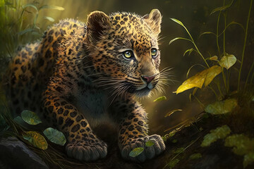 Little Pouncer Playful baby leopard pouncing on its prey in the lush jungle, generative ai