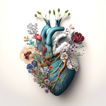Anatomical 3d human heart in flowers on a white background, a symbol of joy, love and health