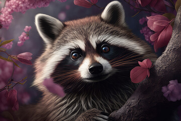 mischievous raccoon with a beautiful pink flower behind its ear, peeking out from behind a tree trunk, generative ai - obrazy, fototapety, plakaty