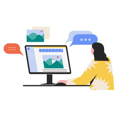 Illustration of woman with dark hair watching video online. E-learning concept vector. Female character sitting in front of computer screen watching landscape footage. The concept of learning at home
