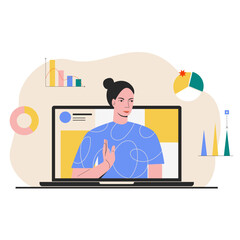 Online learning concept. Female lector speaking from laptop. E-learning, online education at home. Online class  illustration. Distance learning students. Distance university e-learning vector